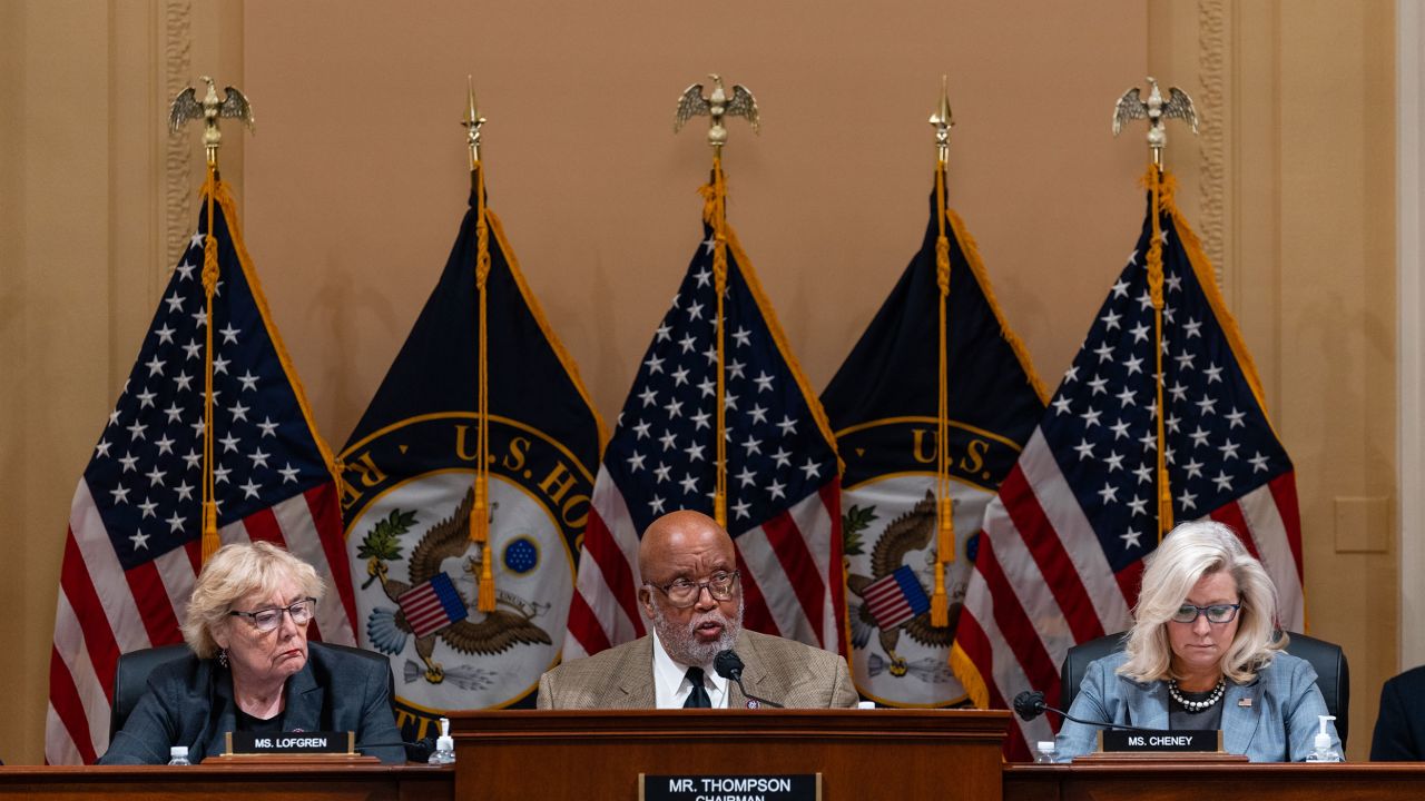 Members of the House Select committee Rep. Zoe Lofgren, left, Rep. Bennie Thompson, center, and Rep. Liz Cheney, right, during a business meeting in Washington, D.C., on Monday, March 28, 2022.  