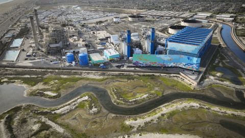 An aerial view of the Huntington Beach Wetlands and the Huntington Beach Energy Center -- the proposed site of the Poseidon desalination plant.