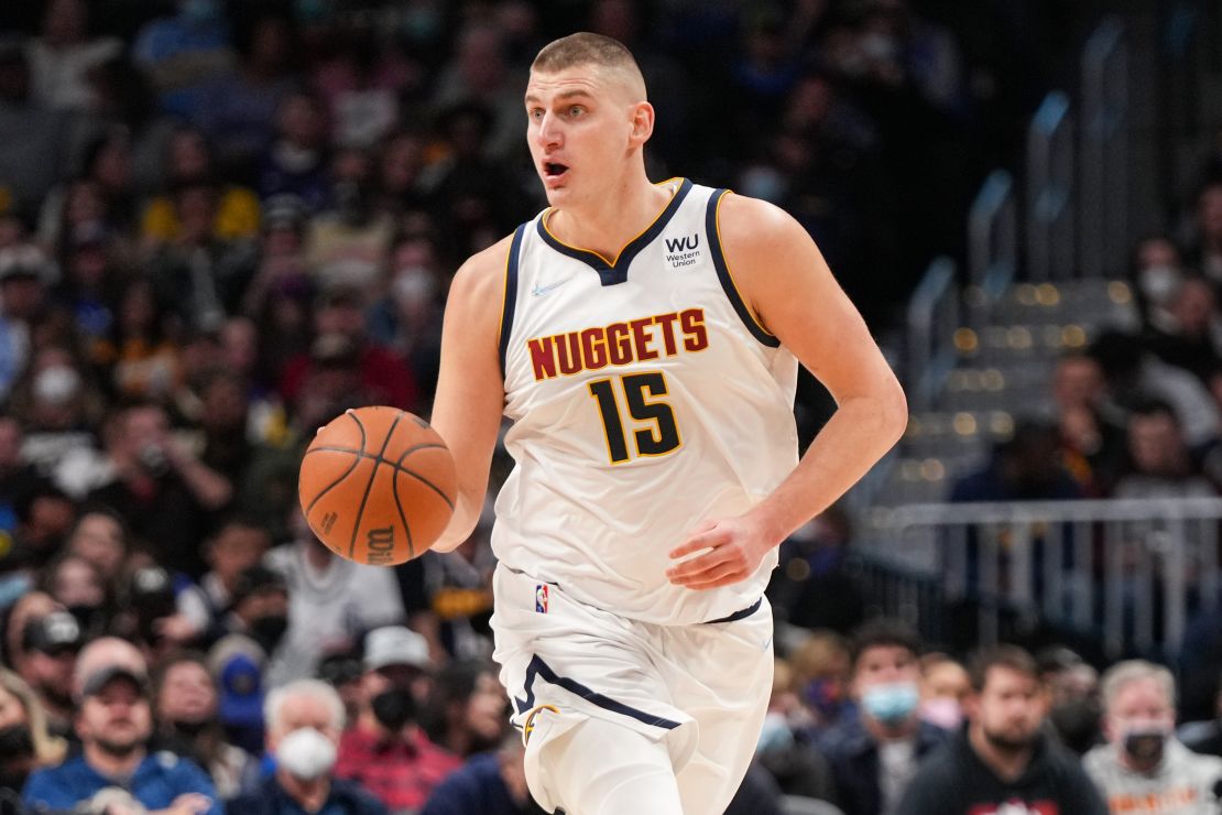 Jokic dribbles against the Memphis Grizzlies at Ball Arena on January 21, 2022.