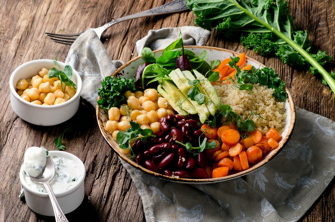 A Buddha bowl with quinoa and chickpeas may be a healthy alternative to ultraprocessed foods.