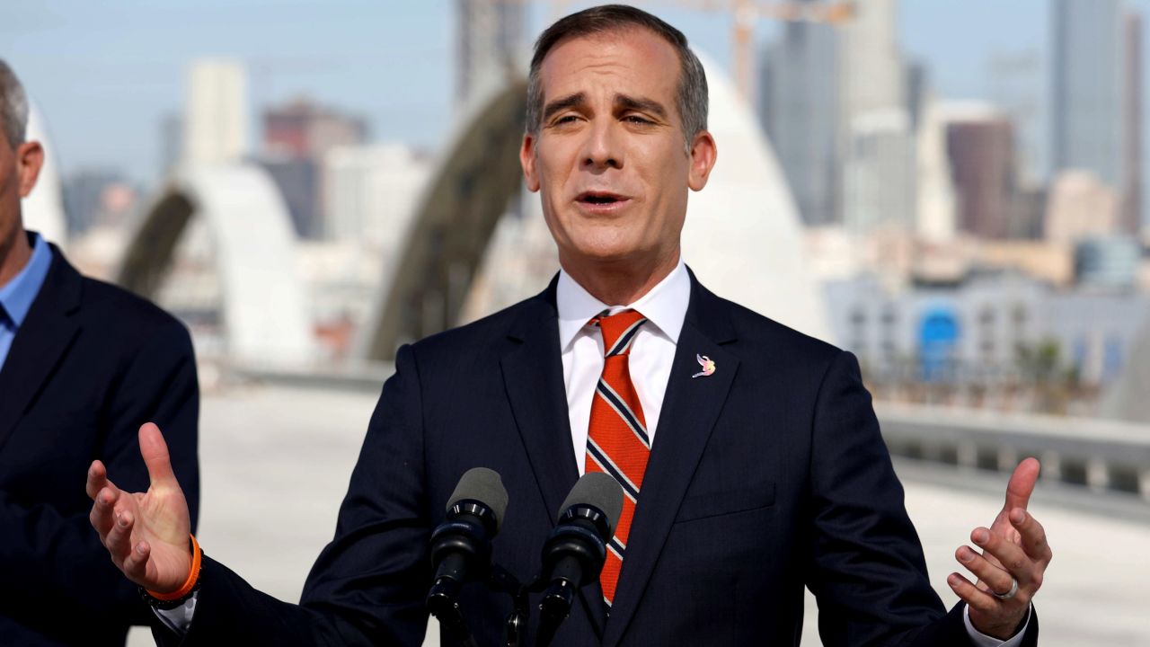 Los Angeles Mayor Eric Garcetti delivers his State of the City address from the under-construction Sixth Street Viaduct on April 14, 2022, in Los Angeles.