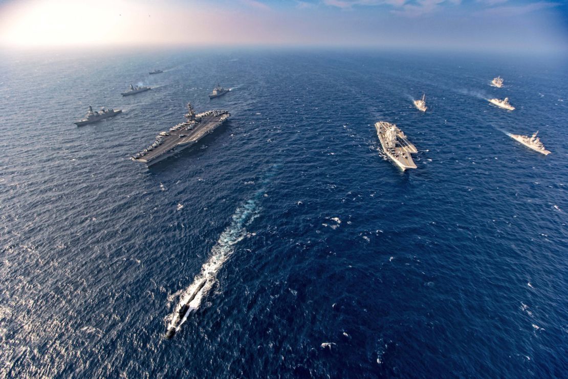 Aircraft carriers and warships participate in the Malabar naval exercises, attended by the US, Australia, India and Japan, in the Northern Arabian Sea on November 17, 2020. 