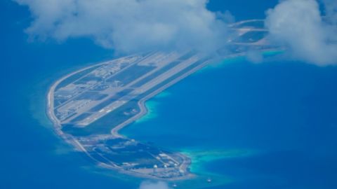 A Chinese airstrip on a man-made island in the South China Sea, seen on March 20.