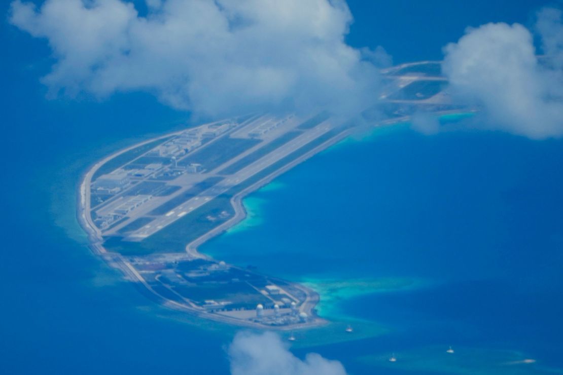 A Chinese airstrip on a man-made island in the South China Sea, seen on March 20.