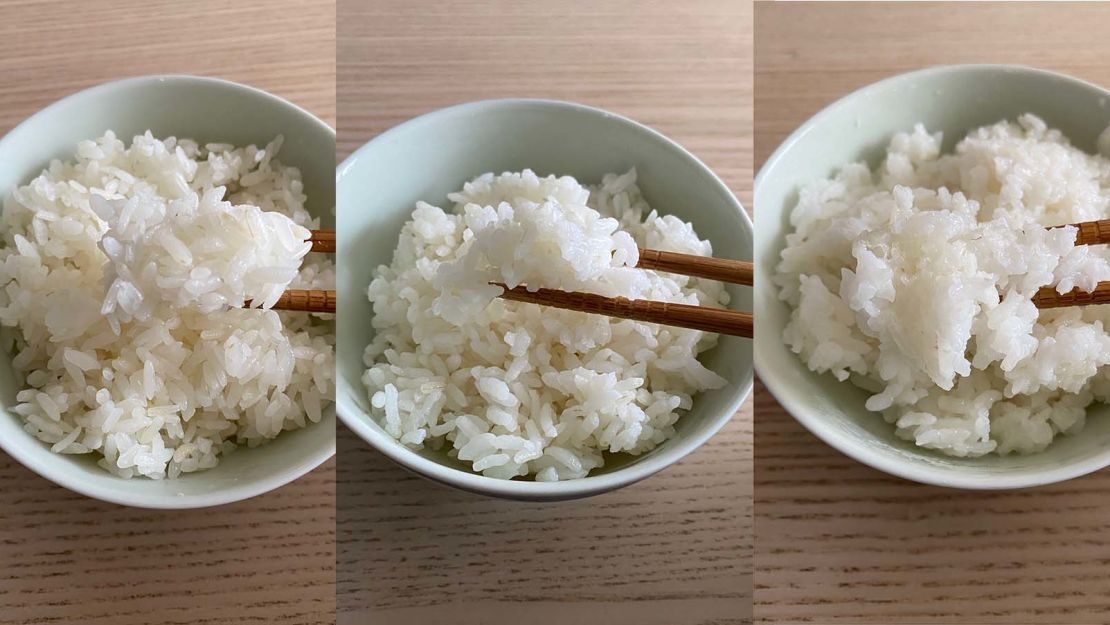 From left to right: 2 cups of rice with 1 cup of water, 2 cups of rice with 2 cups of water, 2 cups of rice with 3 cups of water
