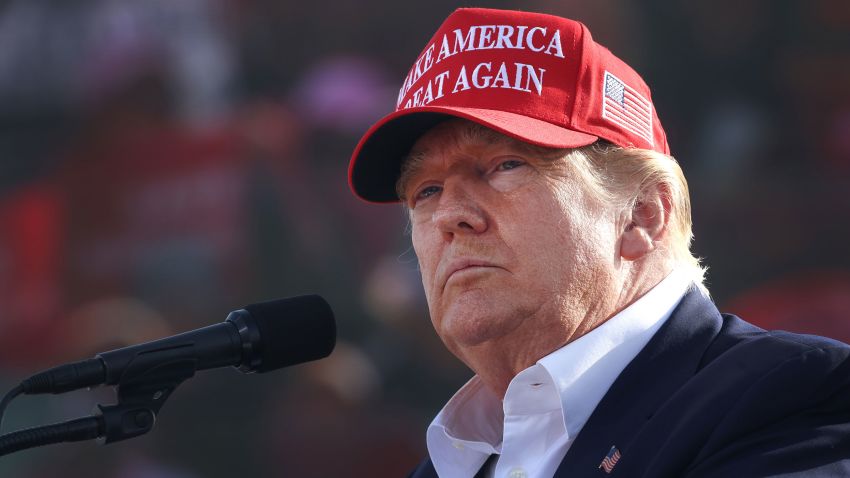 GREENWOOD, NEBRASKA - MAY 01: Former President Donald Trump speaks to supporters during a rally at the I-80 Speedway on May 01, 2022 in Greenwood, Nebraska. Trump is supporting Charles Herbster in the Nebraska gubernatorial race.  (Photo by Scott Olson/Getty Images)