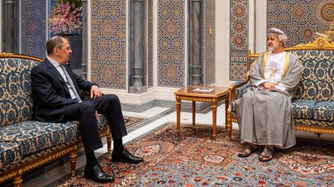 Oman's Sultan Haitham bin Tariq meets with Russian Foreign Minister Sergey Lavrov in Muscat, Oman on May 11. Omani Foreign Minister Badr al Busaidi told Lavrov that Muscat was committed to OPEC+ output agreements, state media reported.