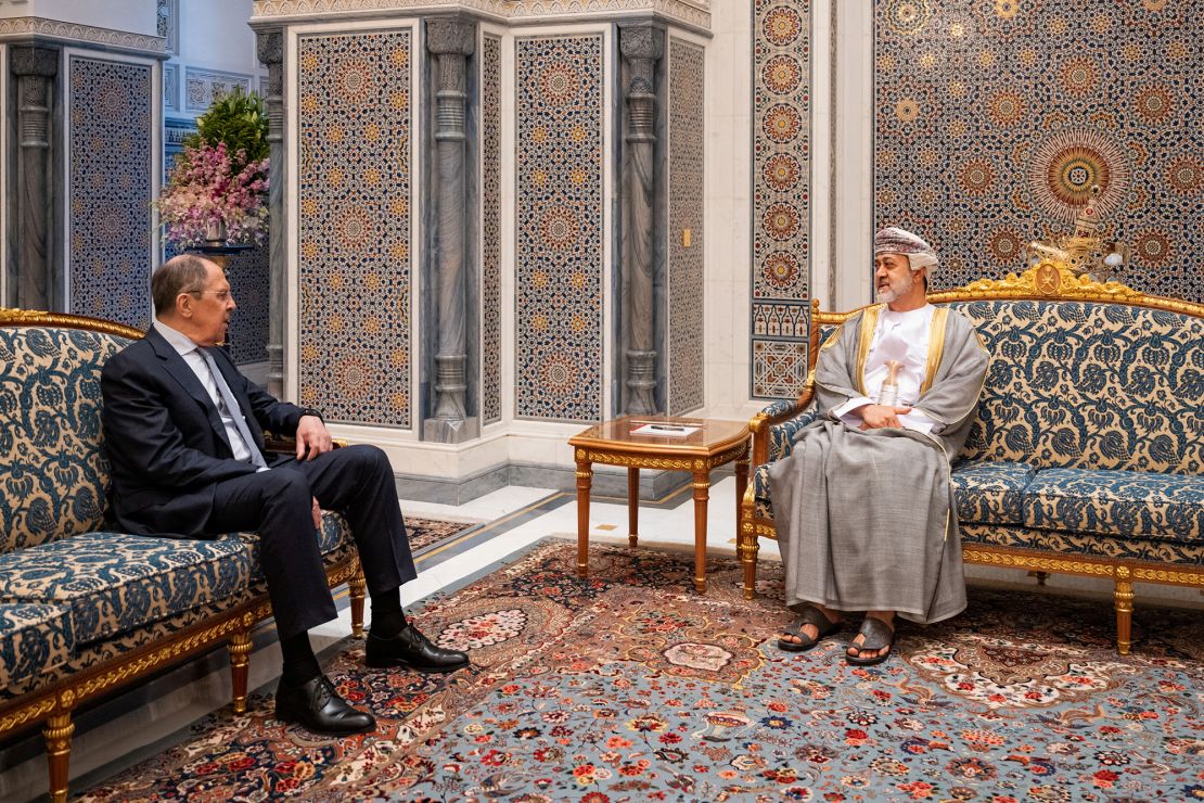 Oman's Sultan Haitham bin Tariq meets with Russian Foreign Minister Sergey Lavrov in Muscat, Oman on May 11. Omani Foreign Minister Badr al Busaidi told Lavrov that Muscat was committed to OPEC+ output agreements, state media reported.