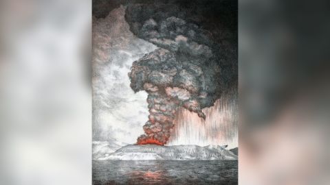 A lithograph illustrates clouds pouring from the Krakatoa volcano during the cataclysmic 1883 eruption in southwestern Indonesia.