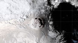 The GOES-17 satellite captured images of an umbrella cloud generated by the underwater eruption of the Hunga Tonga-Hunga Ha'apai volcano on Jan. 15, 2022. Crescent-shaped bow shock waves and numerous lighting strikes are also visible.