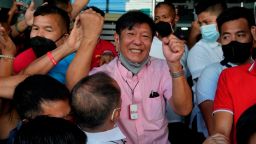 Presidential candidate Ferdinand "Bongbong" Marcos Jr. celebrates as he greets the crowd outside his headquarters in Mandaluyong, Philippines on Wednesday, May 11, 2022. Marcos' apparent landslide victory in the Philippine presidential election is raising immediate concerns about a further erosion of democracy in Asia and could complicate American efforts to blunt growing Chinese influence and power in the Pacific. (AP Photo/Aaron Favila)