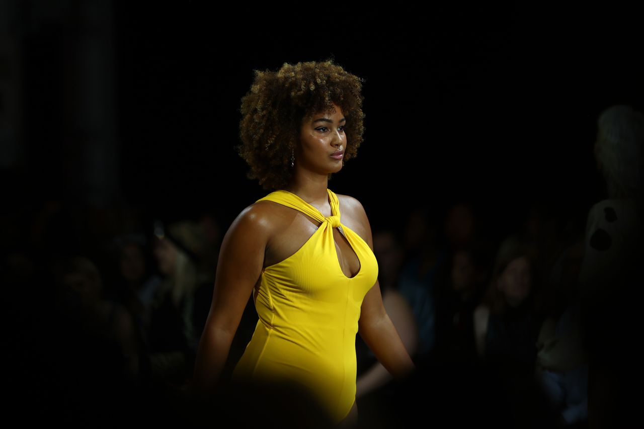 A model walks the runway in a design by Saint Somebody, one of six brands participating in the show.