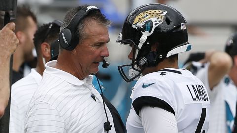 Meyer (left) talks with Lambo after the kicker missed his second field goal against the Denver Broncos during the first half on September 19, 2021.