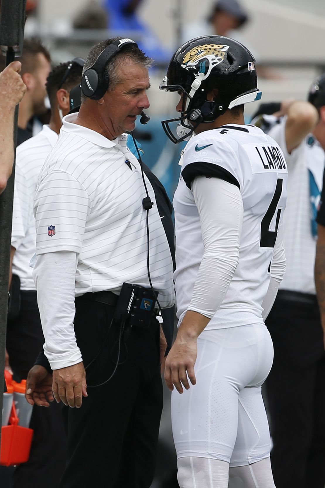 Meyer (left) talks with Lambo after the kicker missed his second field goal against the Denver Broncos during the first half on September 19, 2021.