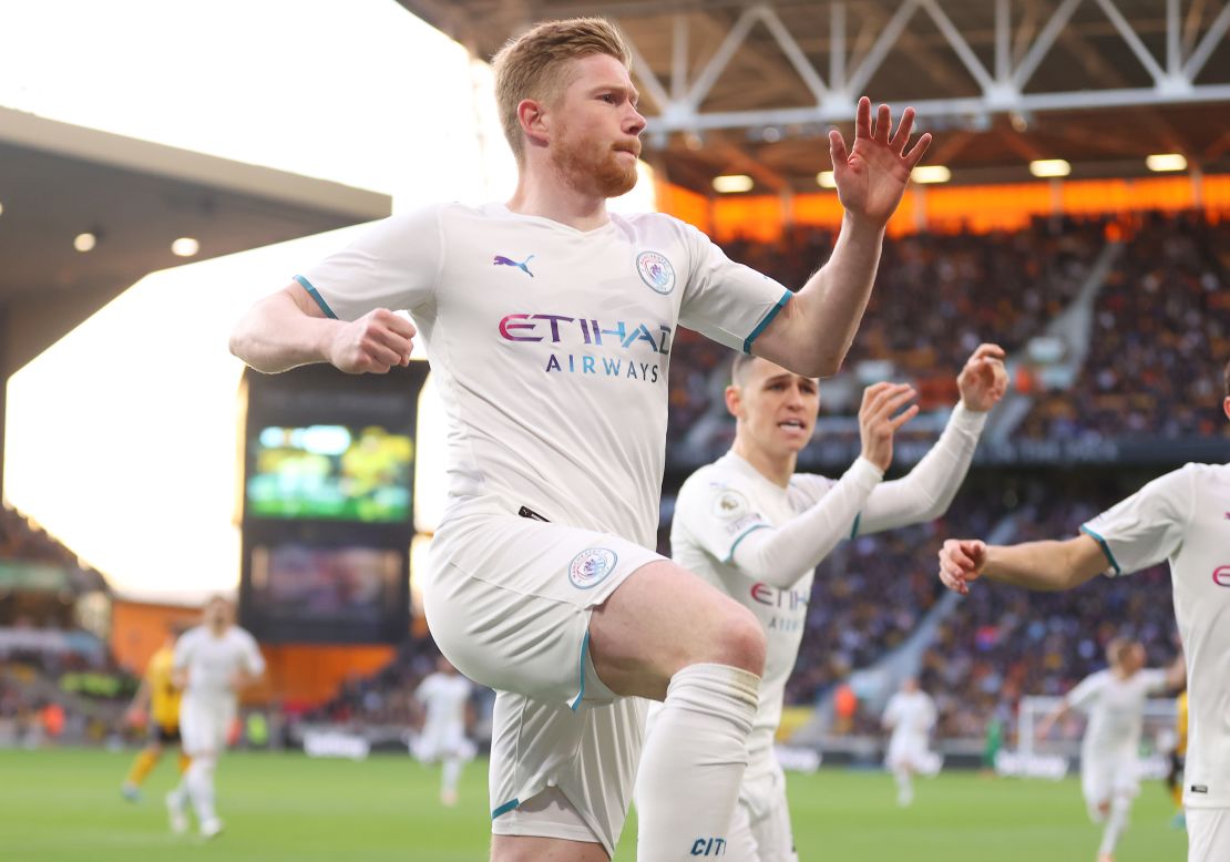 De Bruyne celebrates after scoring his first goal against Wolves. 