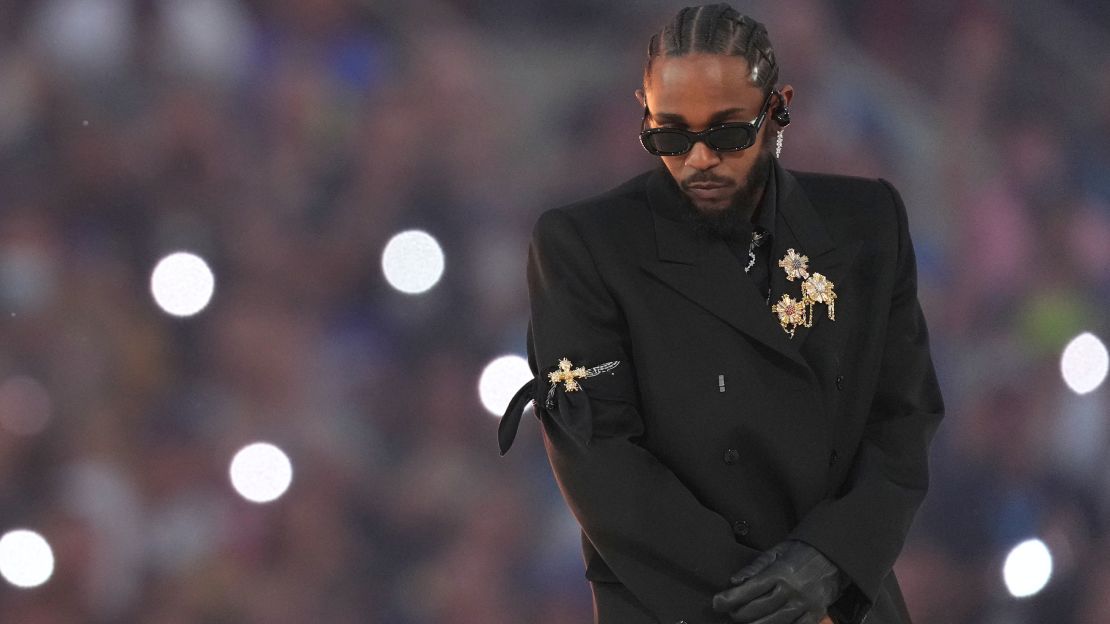 Kendrick Lamar performs during the Pepsi Halftime Show between the Cincinnati Bengals and the Los Angeles Rams during the NFL Super Bowl 56 football game, Sunday, Feb. 13, 2022, in Inglewood, Calif. (Cooper Neill via AP)