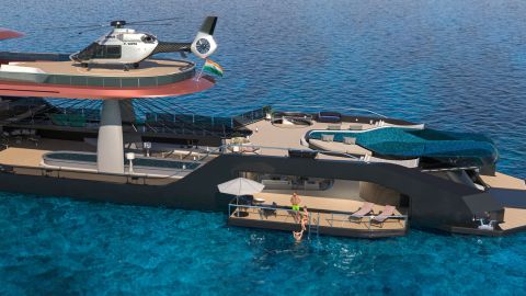 A computer-generated image of the vessel, which will feature a 12-meter helipad and a glass bottom infinity swimming pool.