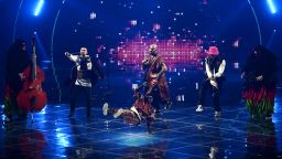 Members of the band "Kalush Orchestra" perform on behalf of Ukraine during the first semifinal of the Eurovision Song contest 2022 on May 10, 2022 at the Palalpitour venue in Turin. 