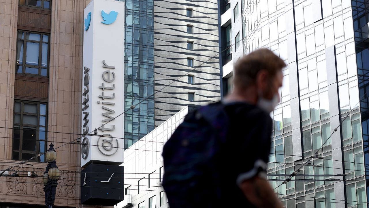 A sign is posted on the exterior of Twitter headquarters on April 27, 2022 in San Francisco, California.