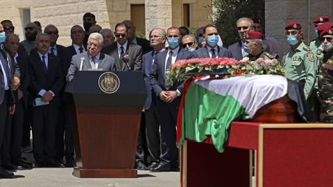 Palestinian president Mahmud Abbas bids farewell to veteran Al-Jazeera journalist Shireen Abu Akleh during a state funeral at the presidential headquarters.