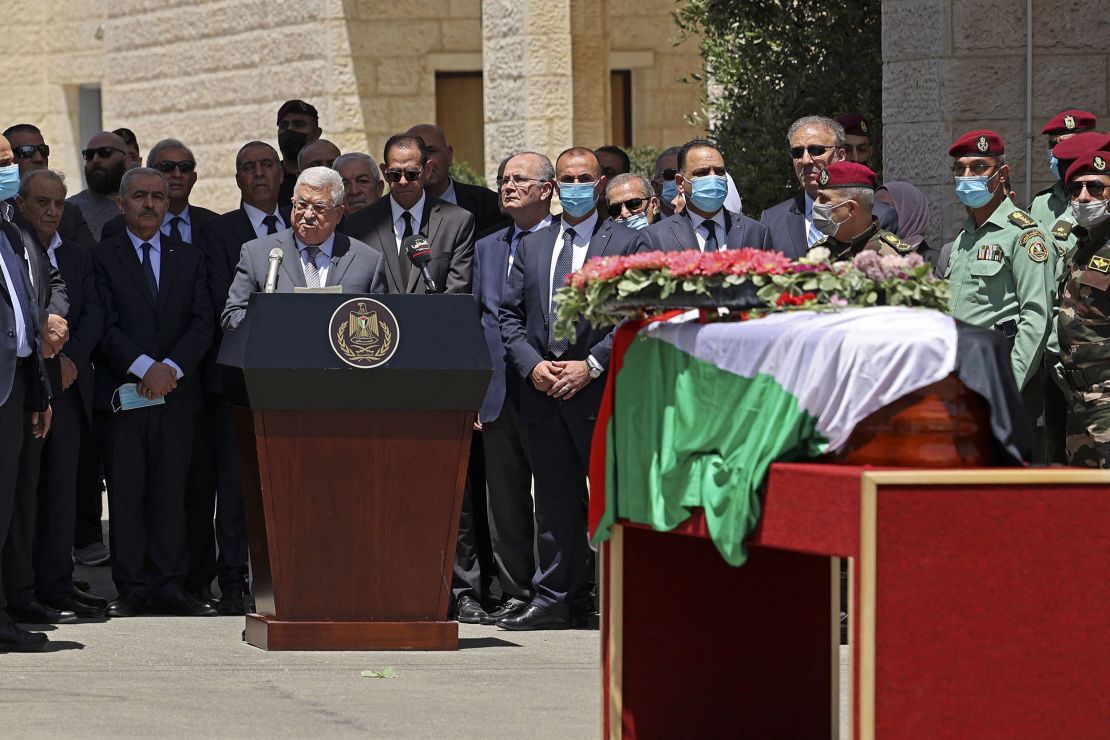 Palestinian president Mahmud Abbas bids farewell to veteran Al-Jazeera journalist Shireen Abu Akleh during a state funeral at the presidential headquarters.