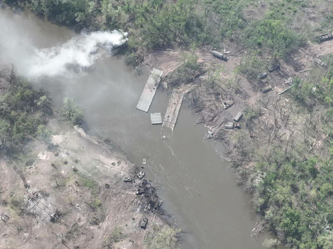 Additional photos also taken by a drone show the Russians tried to erect a second pontoon bridge across the river, which was also blown up by the Ukrainians. 