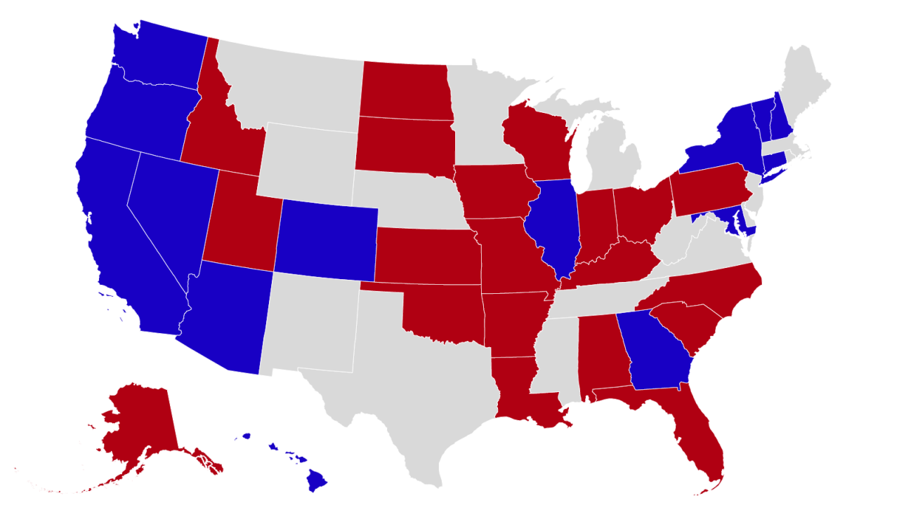 A map of the states that are hosting US Senate elections in the 2022 midterms. The seats in red are currently held by Republicans, while the seats in blue are currently held by Democrats.