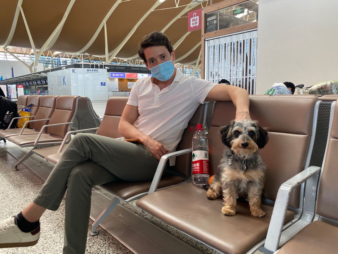 Culver took his rescue dog Chairman with him on his flight out of Shanghai.