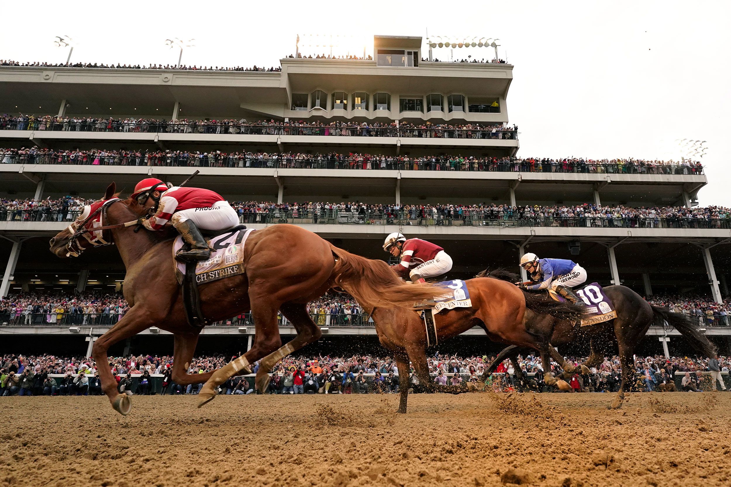 Rich Strike, with jockey Sonny Leon, wins the Kentucky Derby on Saturday, May 7.