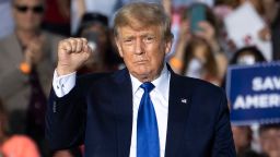 DELAWARE, OH - APRIL 23: Former U.S. President Donald Trump gestures after speaking during a rally hosted by the former president at the Delaware County Fairgrounds on April 23, 2022 in Delaware, Ohio. Last week, Trump announced his endorsement of J.D. Vance in the Ohio Republican Senate primary. (Photo by Drew Angerer/Getty Images)