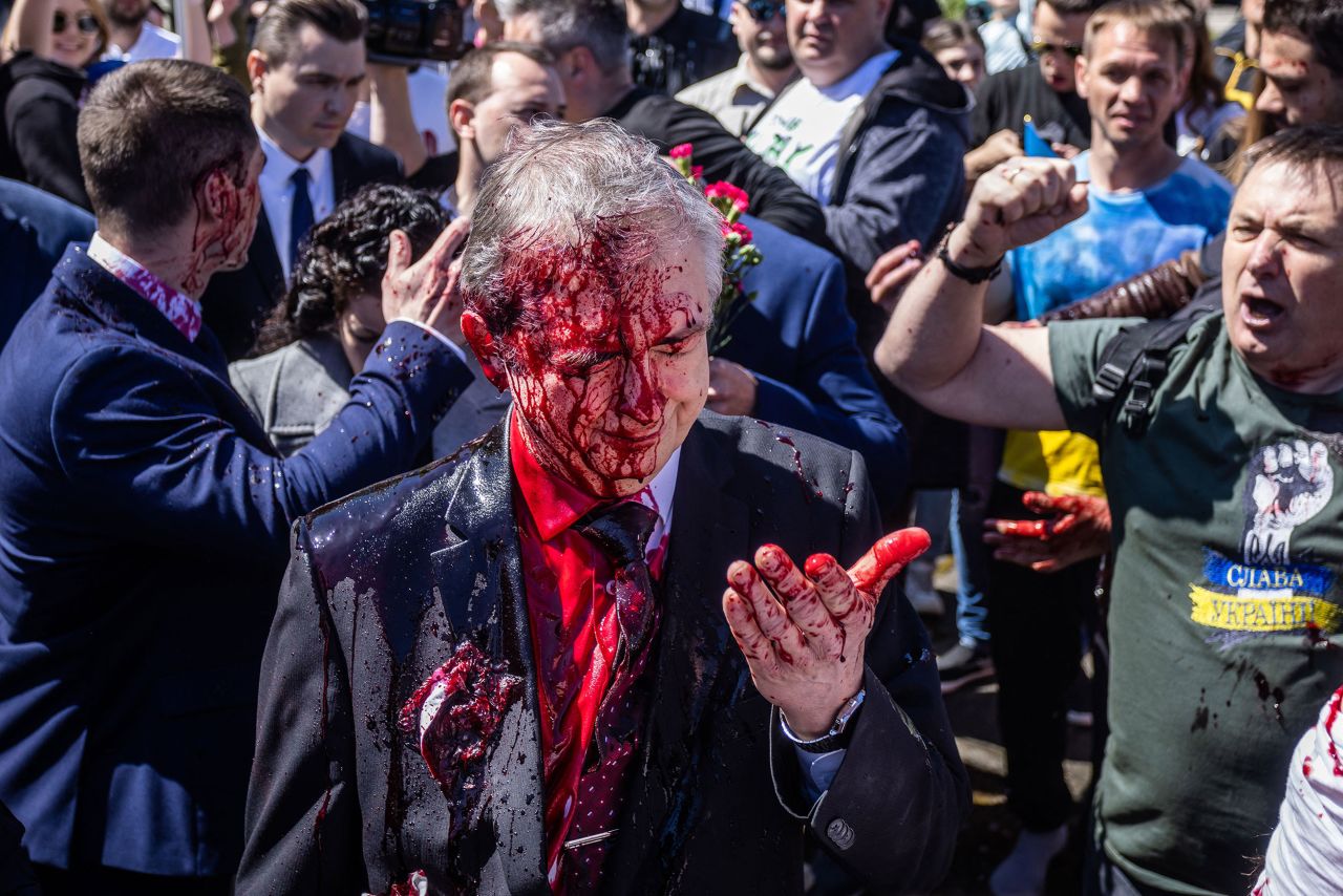 Sergey Andreev, the Russian ambassador to Poland, <a href="https://www.cnn.com/europe/live-news/russia-ukraine-war-news-05-09-22/h_f13f295820d552068c865c4bfa115ee0" target="_blank">was doused in red paint by protesters</a> while trying to lay a wreath at the cemetery of Soviet soldiers in Warsaw, Poland, on Monday, May 9.