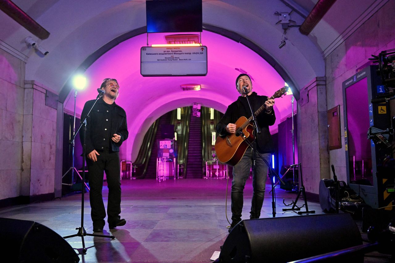 U2 lead singer Bono, left, and guitarist The Edge <a href="https://edition.cnn.com/europe/live-news/russia-ukraine-war-news-05-08-22/h_64c9f357b41e32851b86c0e1057417d6" target="_blank">give a surprise performance</a> at a subway station in Kyiv, Ukraine, on Sunday, May 8. The band said in a tweet that Ukrainian President Volodymyr Zelensky "invited us to perform in Kyiv as a show of solidarity with the Ukrainian people and so that's what we've come to do."