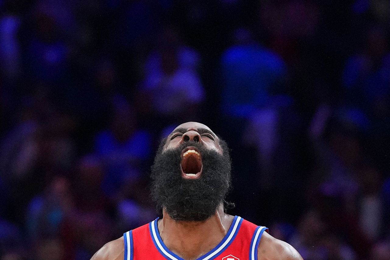 Philadelphia star James Harden reacts during an NBA playoff game against Miami on Sunday, May 8. Philadelphia won the game to tie the best-of-seven series at two games apiece.