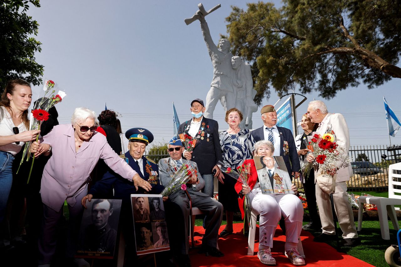 World War II veterans sit for a group photo in Ashkelon, Israel, as they take part in a ceremony marking Victory Day on Monday, May 9.