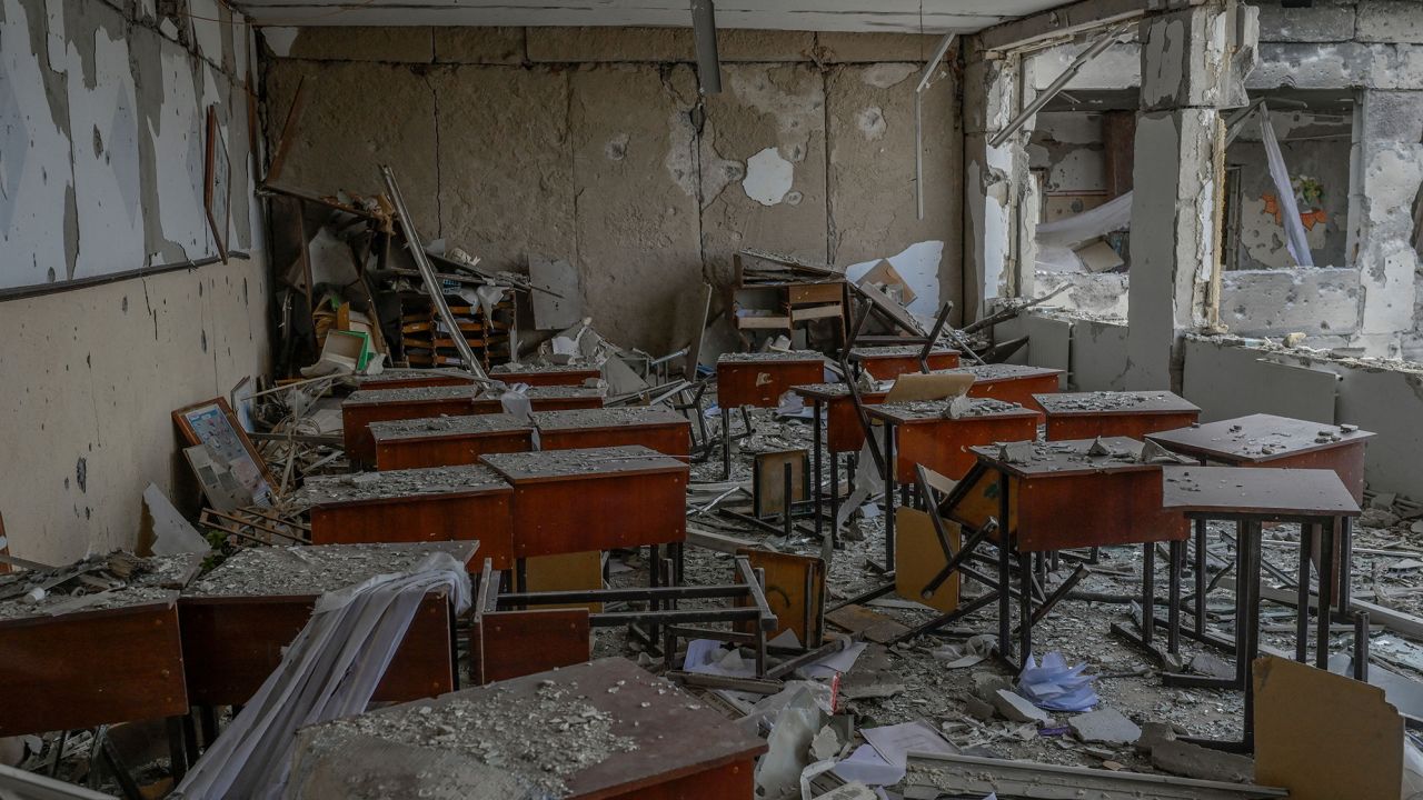 A classroom destroyed by Russian rockets is seen in the southern Ukraine village of Zelenyi Hai on April 1.