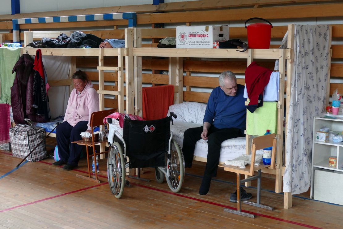 Displaced people from the Kyiv region are housed in the gym of a local school in the Ivano-Frankivsk Region in western Ukraine. 