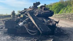 The remains of a Russian T90M tank destroyed days earlier. The Ukrainian defense ministry released a drone video of the tank being destroyed in the apparent strike.