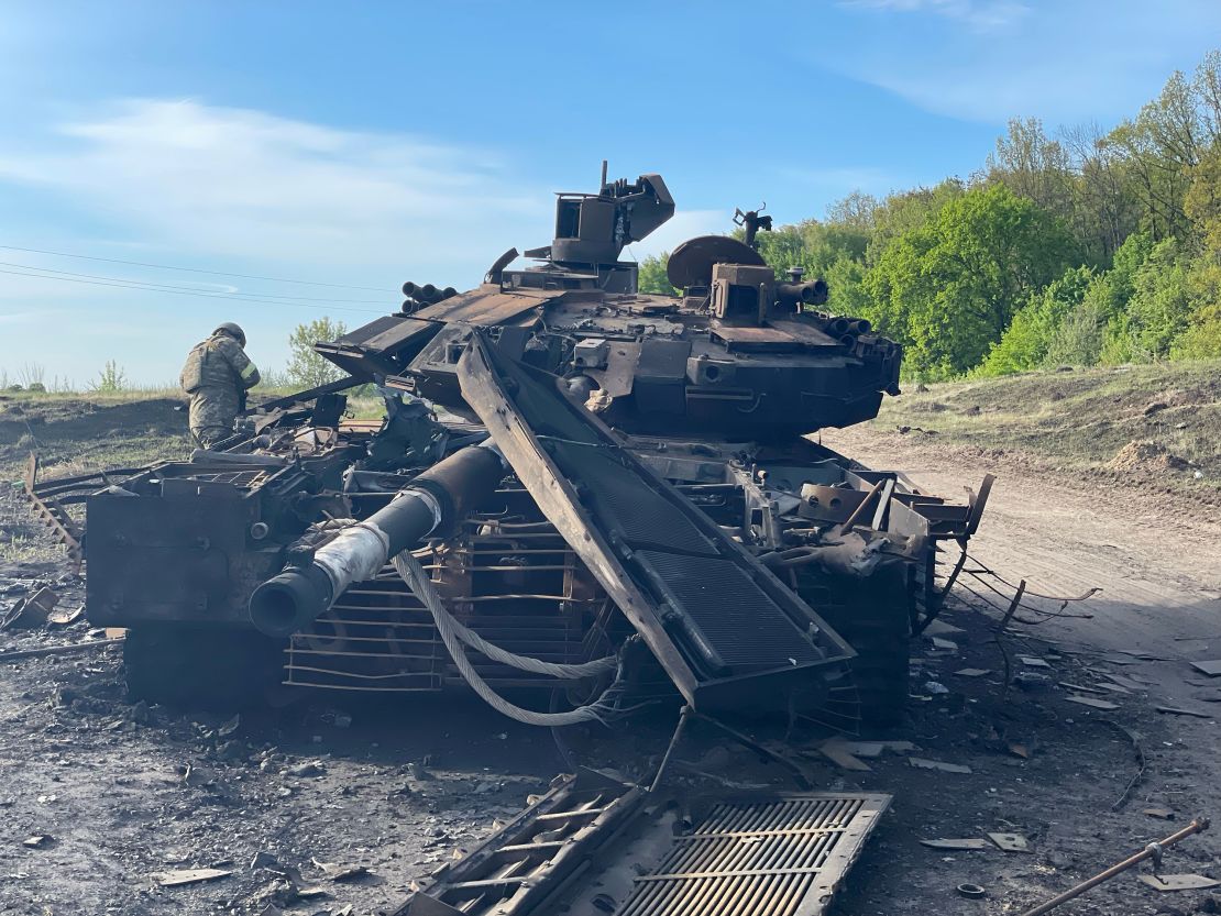 The remains of a Russian T90M tank destroyed days earlier. The Ukrainian defense ministry released a drone video of the tank being destroyed in the apparent strike.