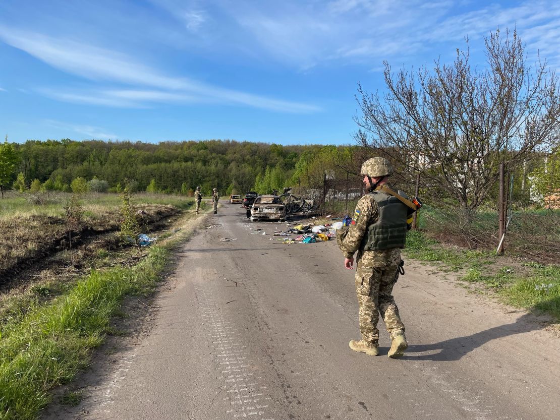 A convoy of vehicles was trying to leave Staryi Saltiv when they were shot up by Russian troops, according to Ukrainian officials.