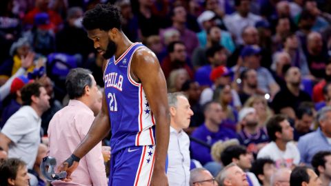 Embiid walks off the court after losing the Sixers' series against the Miami Heat.