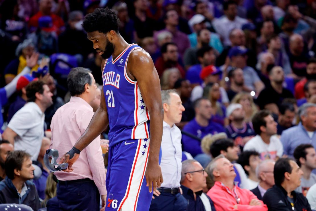 Embiid walks off the court after losing the Sixers' series against the Miami Heat.