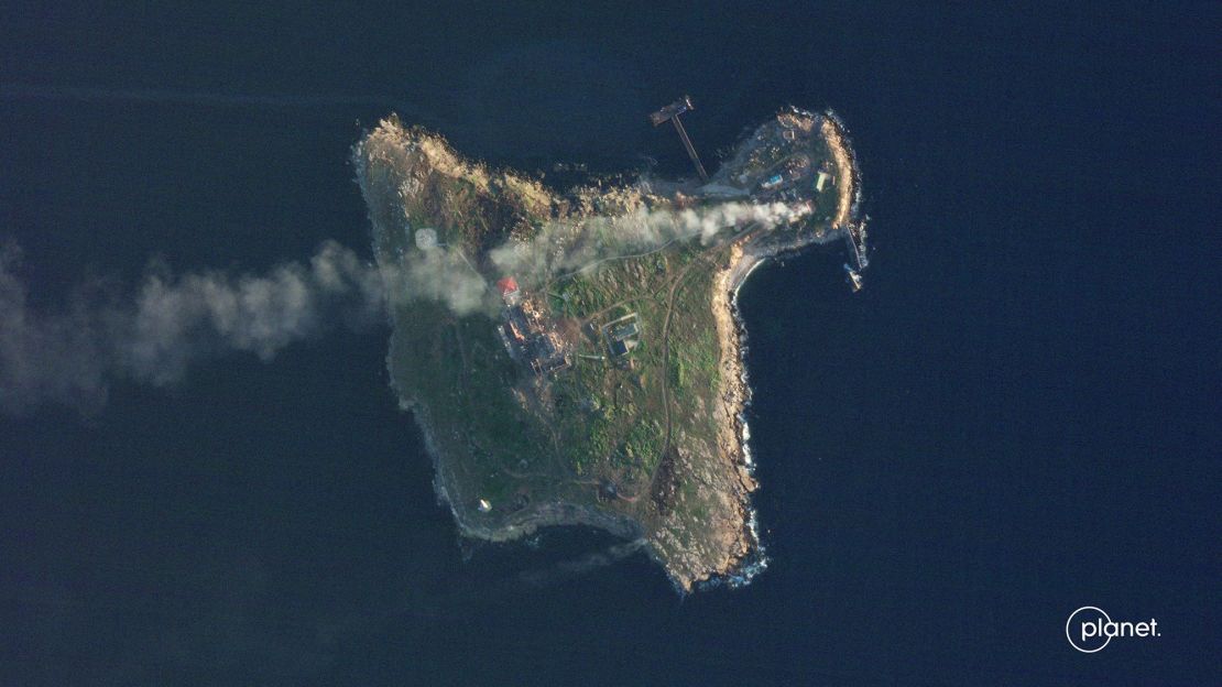 A satellite view shows smoke rising over Snake Island on May 8, 2022.