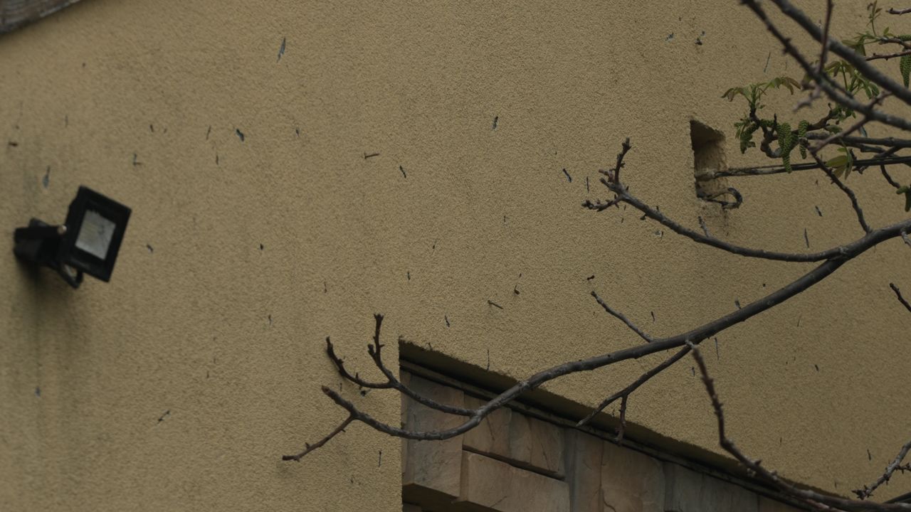 This photo taken on Friday, May 13, shows flechette projectiles stuck in the wall of another civilian home in Irpin.