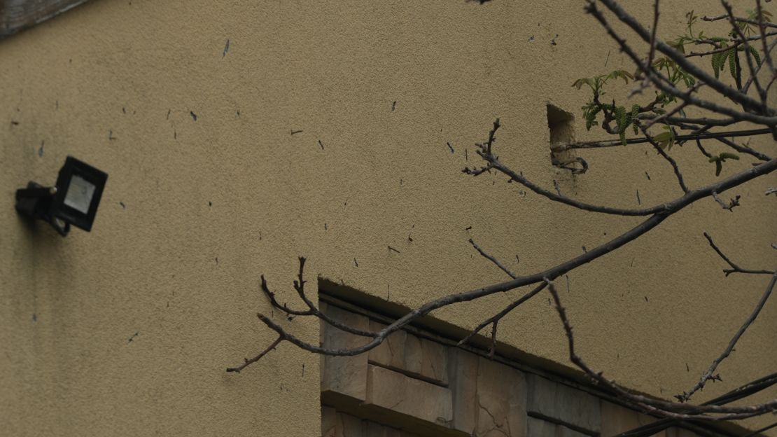 This photo taken on Friday, May 13, shows flechette projectiles stuck in the wall of another civilian home in Irpin.