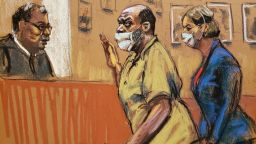 Frank James, charged with last month's mass shooting in a Brooklyn subway, is sworn in before pleading not guilty to terrorism and weapons charges in a courtroom in New York City, New York, U.S., May 13, 2022 in this courtroom sketch.  