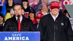 Pennsylvania Senate candidate Mehmet Oz, left, accompanied by former President Donald Trump speaks at a campaign rally in Greensburg, Pa., Friday, May 6, 2022. (AP Photo/Gene J. Puskar)