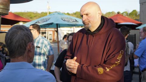 Pennsylvania Lt. Governor John Fetterman, who is running for the Democratic nomination for the US Senate for Pennsylvania, greets supporters at a campaign stop, May 10, 2022, in Greensburg, Pennsylvania.