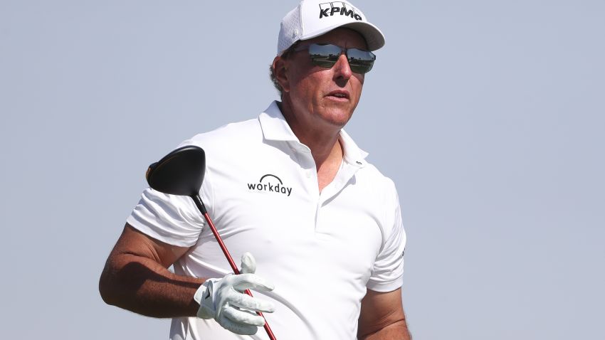 Phil Mickelson of The USA tees off the 14th hole during day three of the PIF Saudi International at Royal Greens Golf & Country Club on February 05, 2022 in Al Murooj, Saudi Arabia.