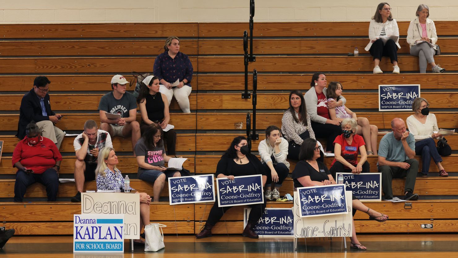 School board candidates and their supporters attend a student-hosted candidate forum at West Forsyth High School in Clemmons, North Carolina, on May 11.