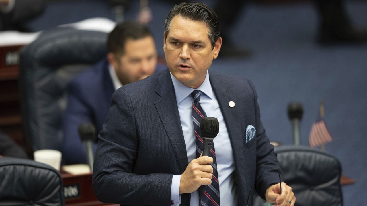 In this March 26, 2021, file photo, state Rep. Cord Byrd speaks during debate on HB 1, known as the "anti-riot bill," during a House session at the Florida Capitol in Tallahassee.